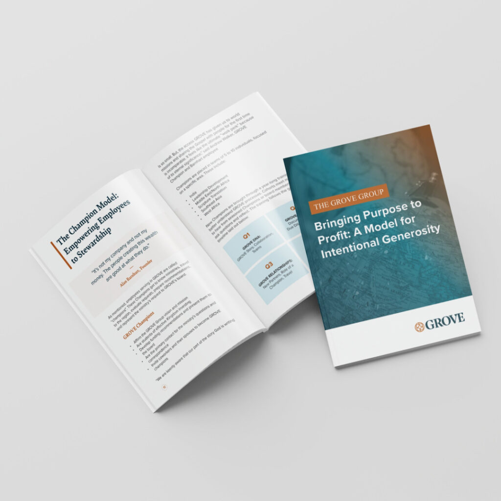 Grove Open brochure showing clean corporate layout with blue and white branding.