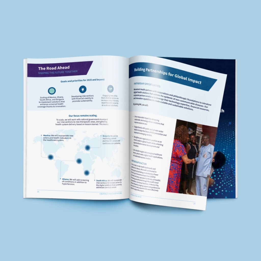 MH magazine spread featuring infographic design and corporate branding on a blue background.