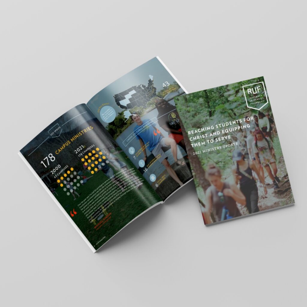 RUF stacked brochures showcasing glossy covers with photography and modern layouts.
