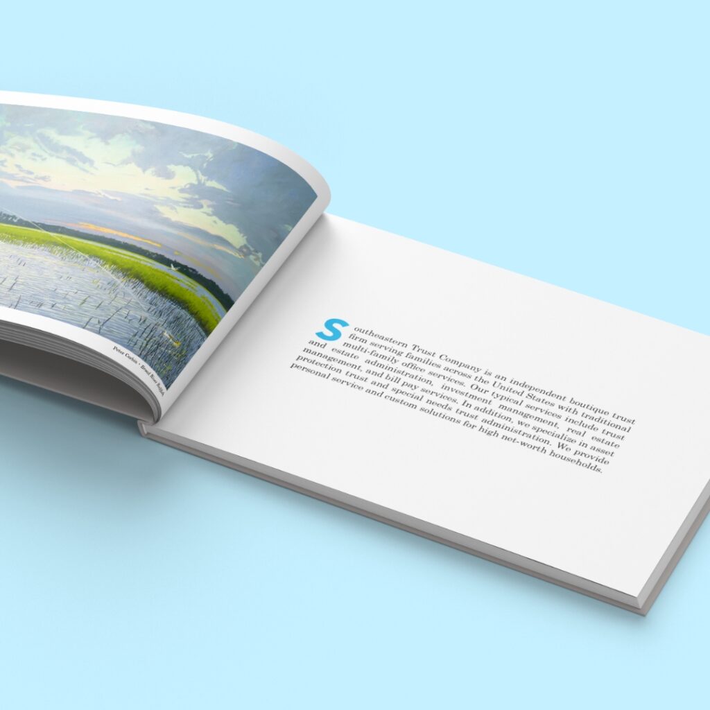 SETCO brochure booklet with white and blue minimalist design on a light blue background.