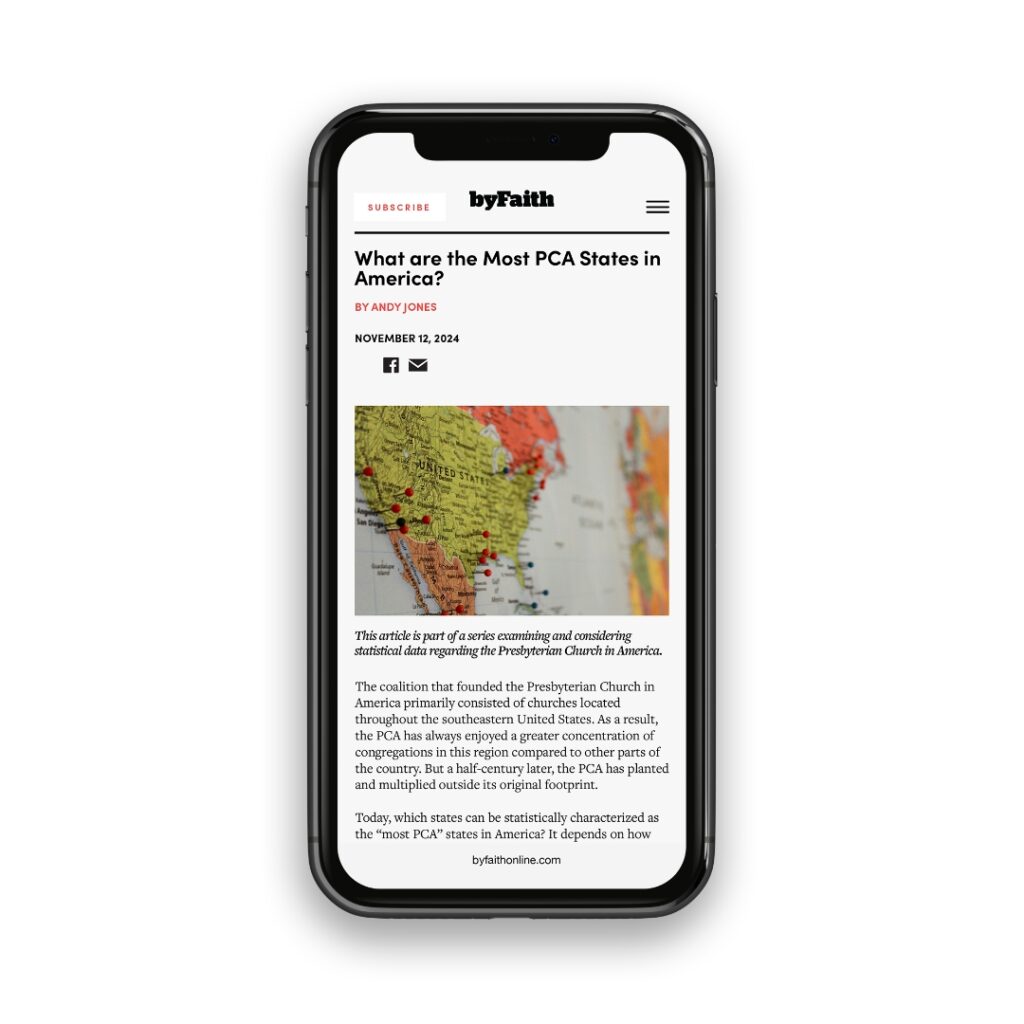 Smartphone showing a byFaith article with a map and text-based layout.