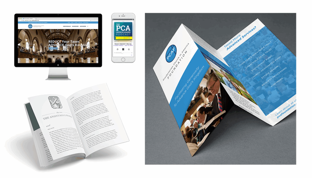 Digital and print marketing materials for PCA Foundation, including a website on desktop, podcast on mobile, open booklet, and tri-fold brochure promoting generosity and faith-based services.